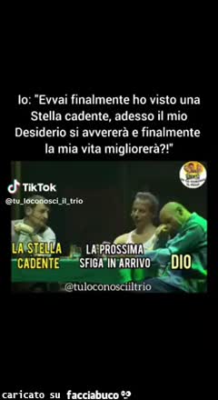 Io evvai finalmente ho visto una stella cadente adesso il mio desiderio si avvererà e finalmente la mia vita migliorerà la stella cadente ma vai a cagare